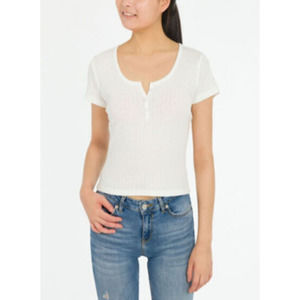 Hippie Rose Juniors' Short Sleeve Cropped Henley T-Shirts Top Ivory XS, $24 NWT